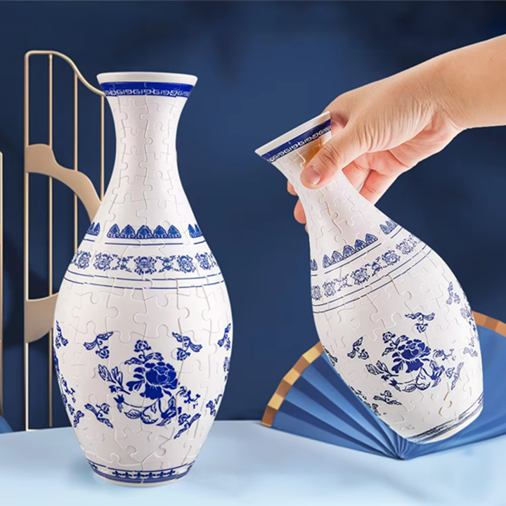 3D Puzzle Vase – Blue & White Porcelain Design for Home Décor